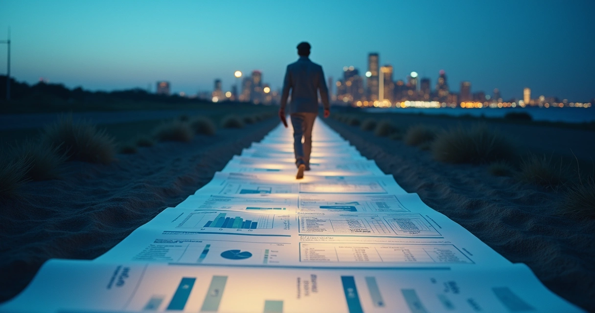 Entrepreneur walking along a glowing business plan path toward a distant U.S. skyline 