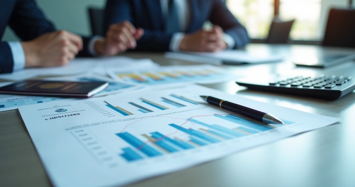 Investment paperwork and financial charts on a conference table 