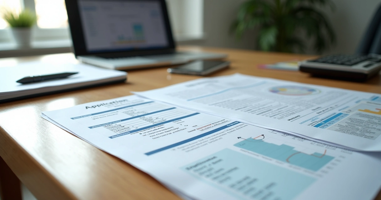 Business documents, calculator, and visa forms on a desk 