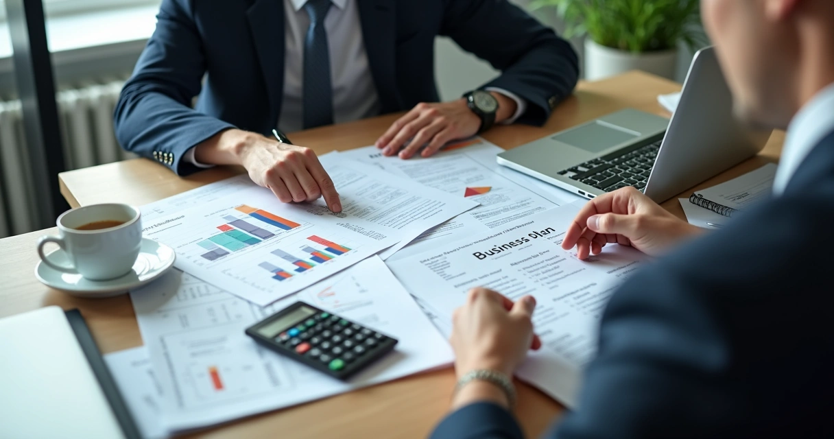 Investor reviewing business plan with financial charts and visa documents