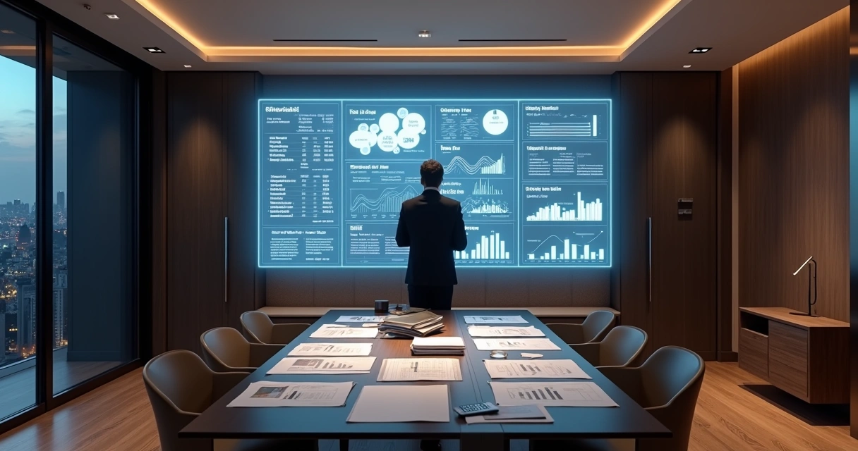 Investor analyzing real estate data wall in modern New York apartment 