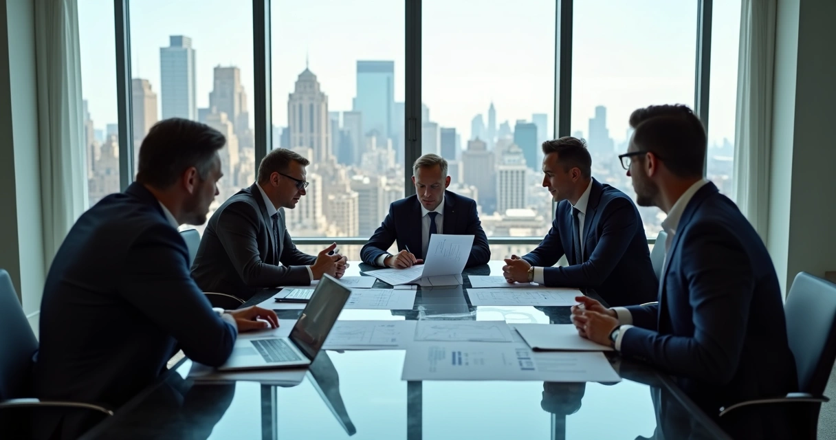 Serious investors reviewing property due diligence documents on a desk 