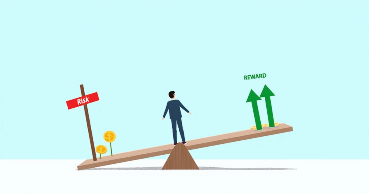 Person balancing on a seesaw with risk and reward symbols on each side.