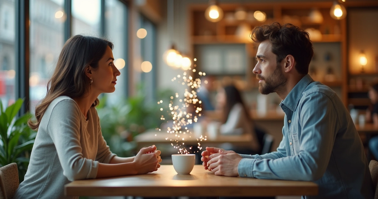 Two people connected by soft glowing threads between their hearts 