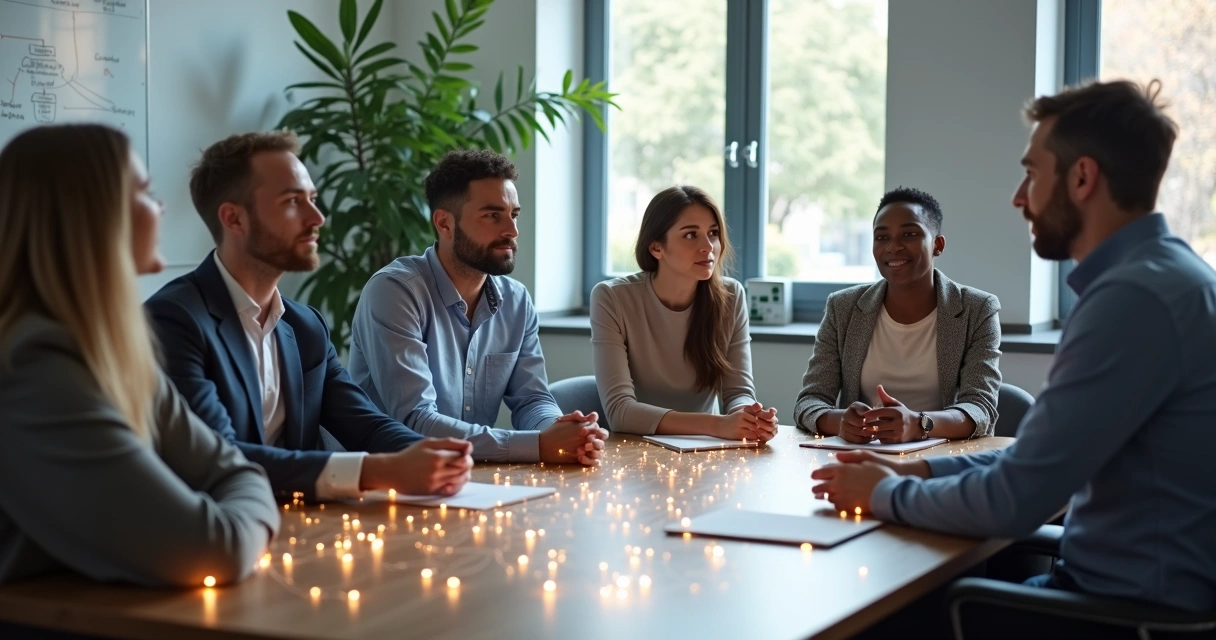 Team sitting in a circle with glowing connections revealing invisible group dynamics 