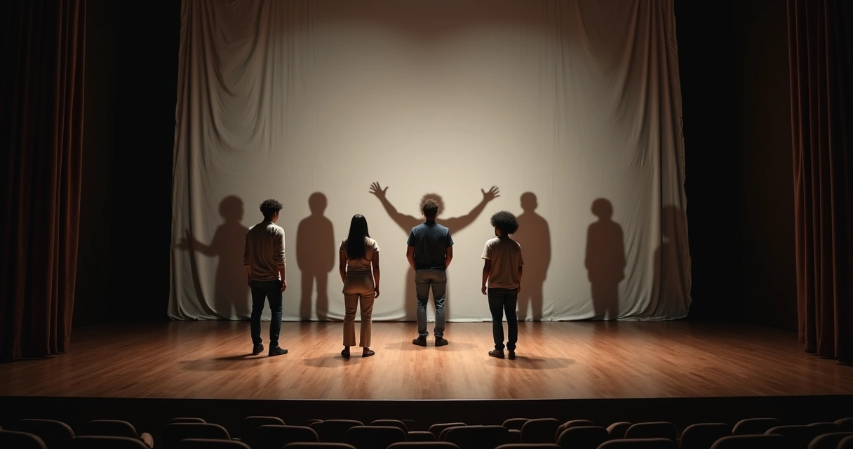 People on theater stage with shadows revealing hidden group roles 