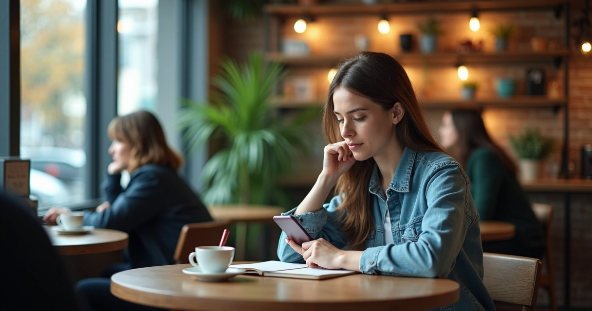 Person in a café surrounded by subtle translucent shapes representing invisible influences 