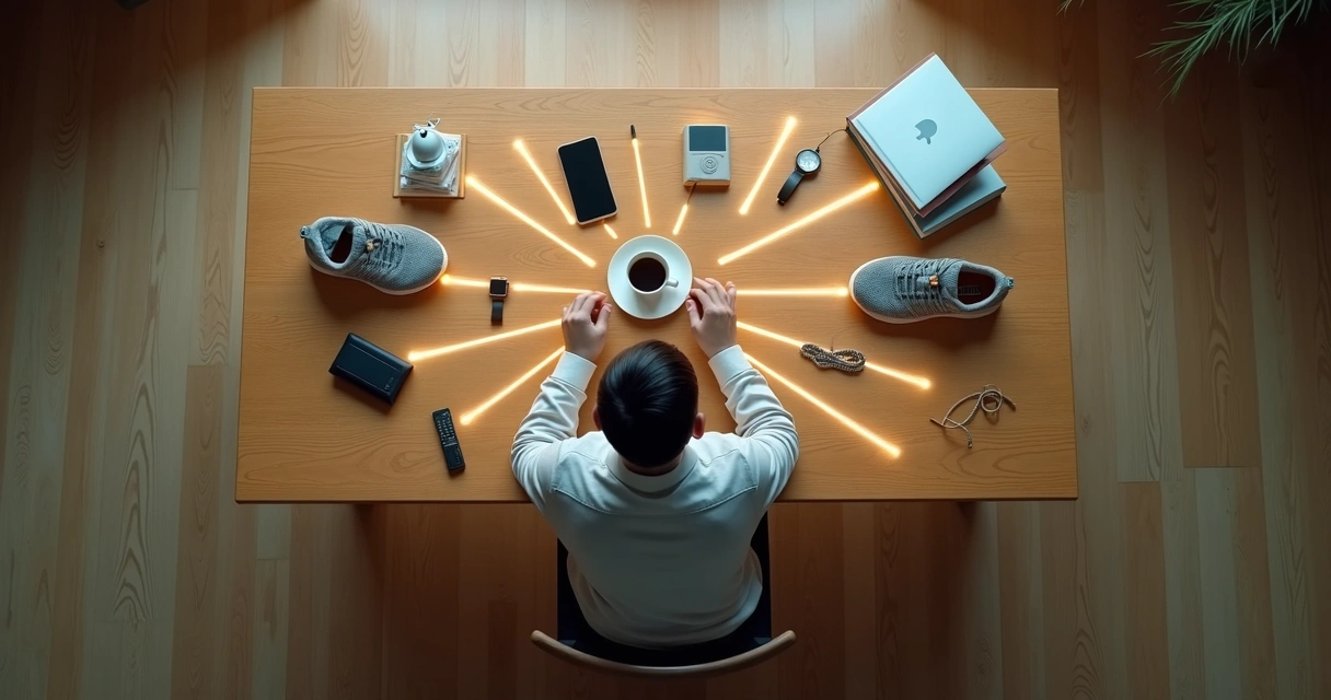 Overhead view of person at table surrounded by daily objects linked by faint glowing threads 