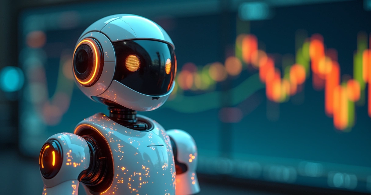 Robô do Invista Já com circuitos e gráficos de mercado ao fundo 