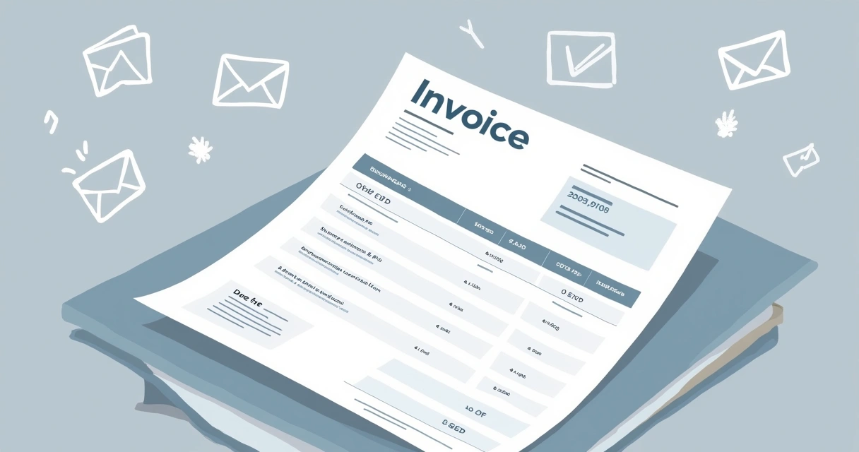 Illustration of invoice with key terms like Net 30, payment due date, and itemized services. 