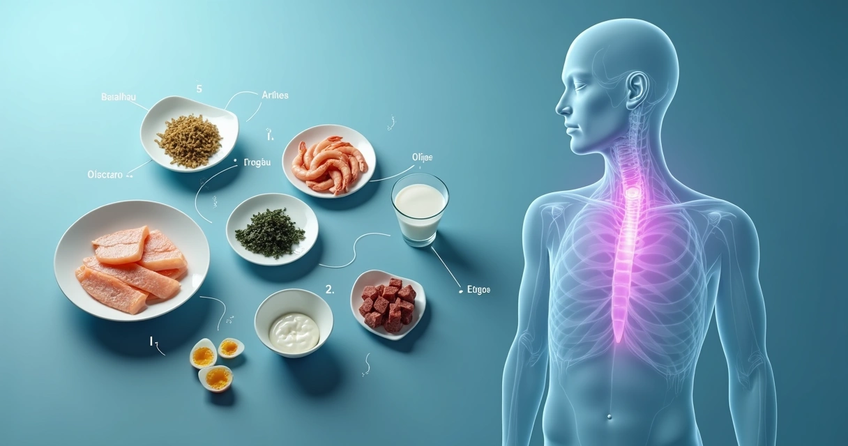 Alimentos ricos em iodo dispostos ao lado de ilustração da tireoide sobre fundo azul clínico 