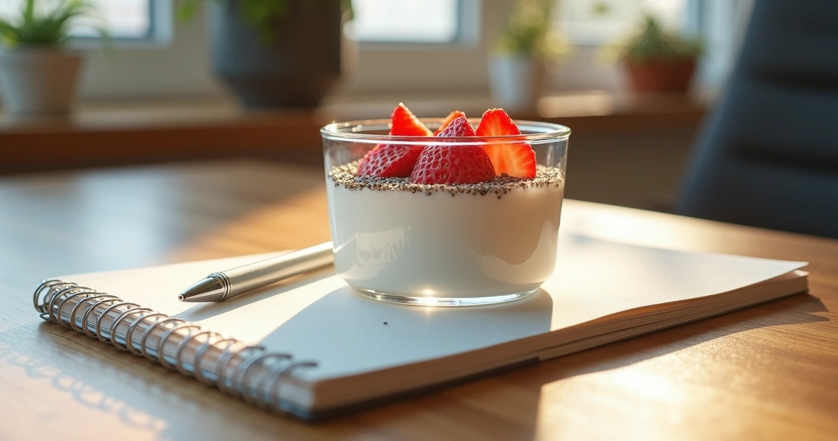 Pote de iogurte natural com chia e morangos cortados 