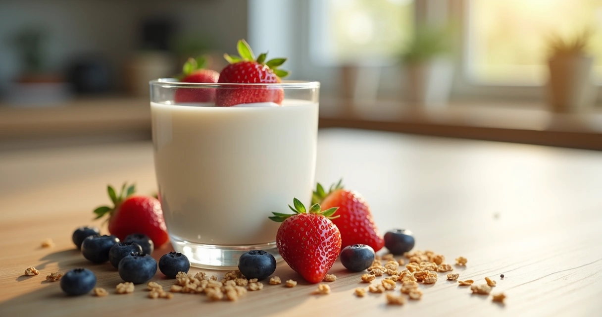 Iogurte em copo transparente, frutas frescas e granola ao redor