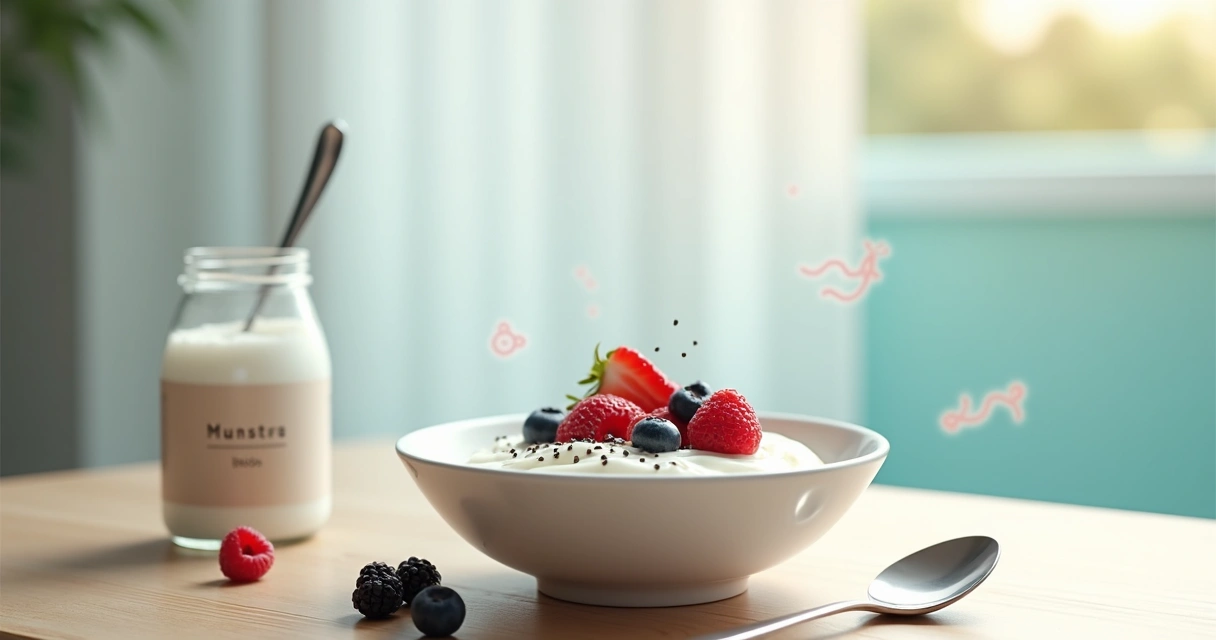 Tigela de iogurte natural com frutas vermelhas e ilustração sutil de microbiota ao fundo 