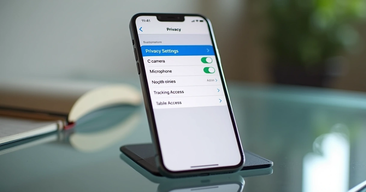 iPhone with privacy settings open on desk 