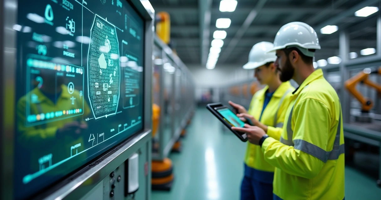 Sensor IoT industrial integrado a painel digital em fábrica moderna.