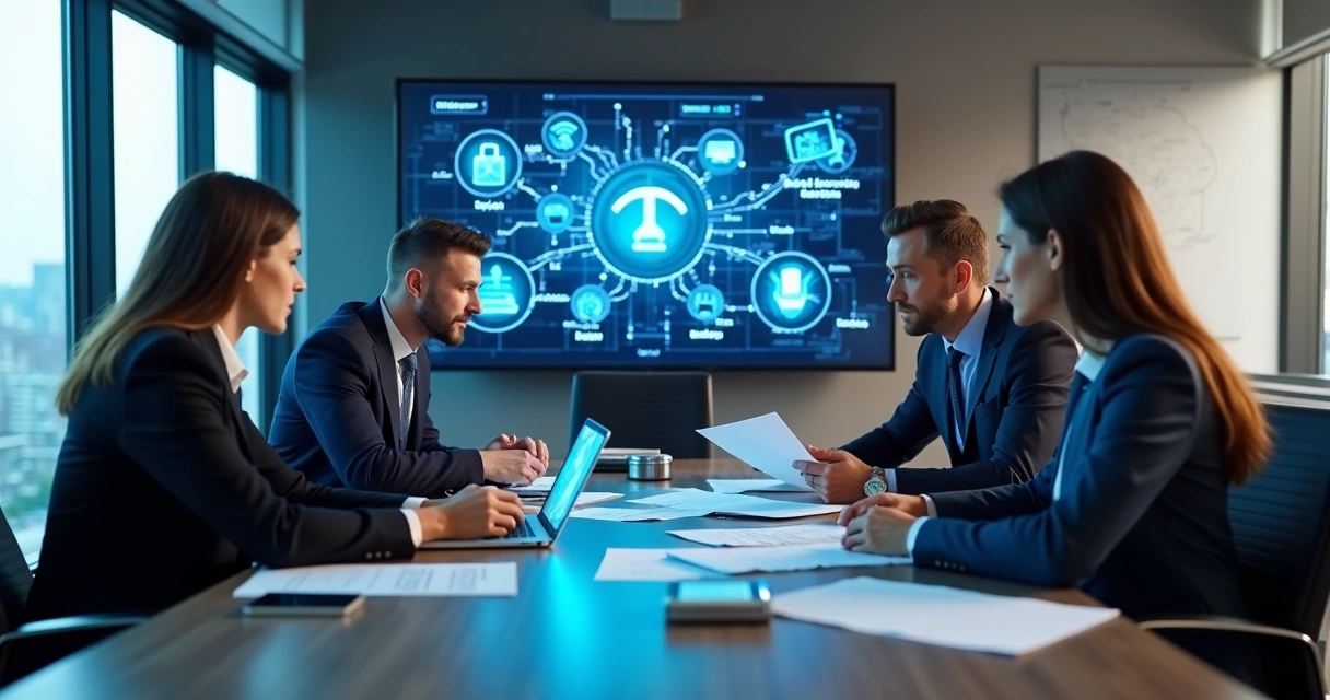 Business team planning IoT expansion with smart devices on a meeting table 