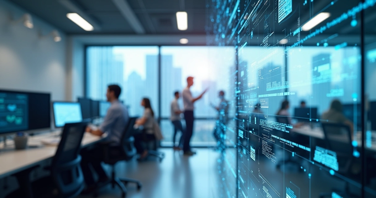 Ambiente corporativo moderno com dispositivos IoT conectados 
