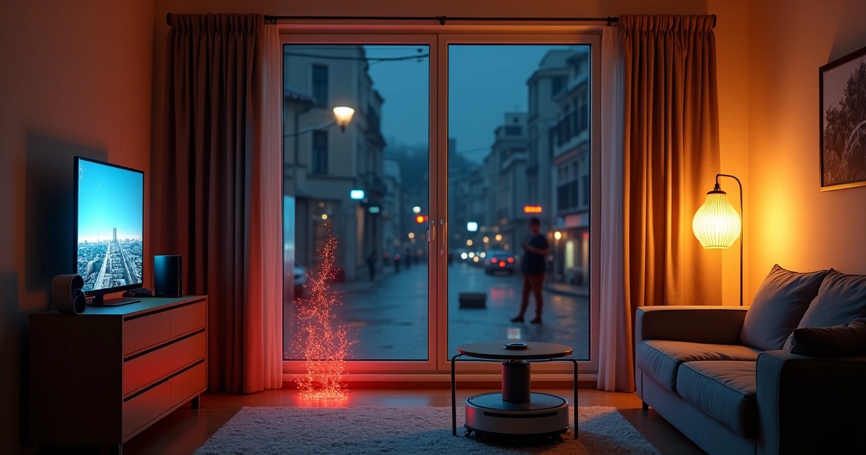Smart apartment at night revealing hidden security flaws in connected devices 