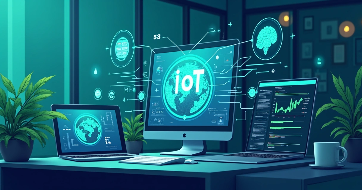 Dispositivos conectados mostrando integração de IoT e IA em cenário empresarial 