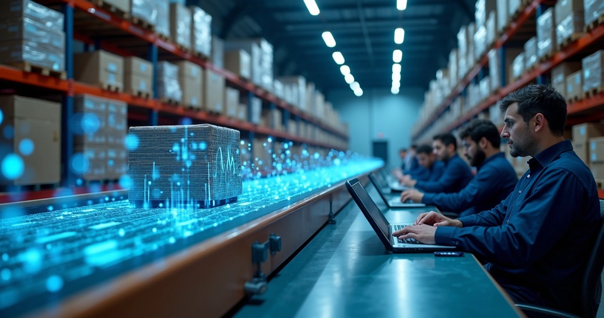 Sensores IoT monitorando logística em tempo real em ambiente empresarial 