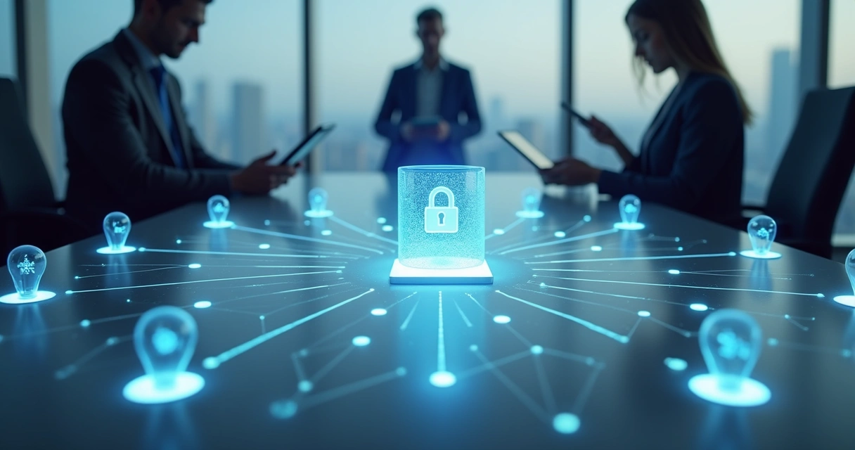 Dispositivos IoT conectados em uma rede corporativa, com ícones de cadeado. 