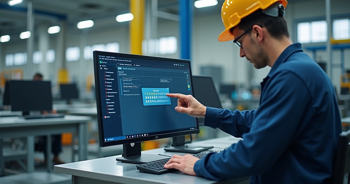 Engineer entering password on an industrial IoT device 