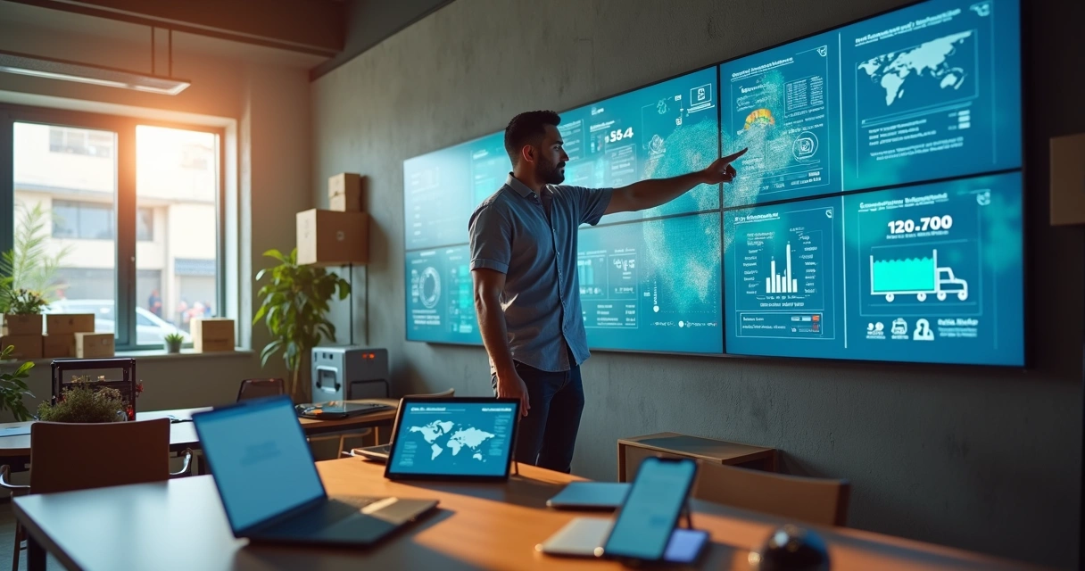 Gestor de PME brasileira acompanhando painel de IoT com dados em tempo real 