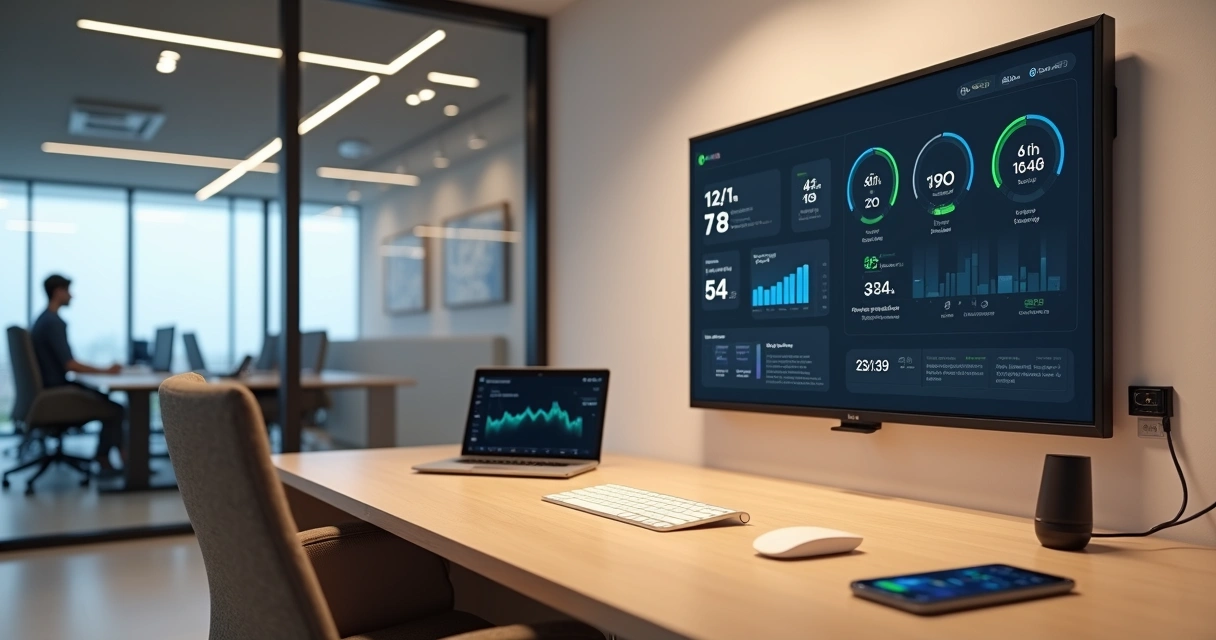 Sensores e painel IoT controlando sala de coworking moderna 