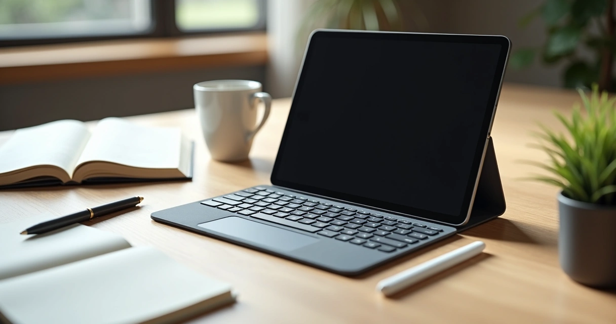 iPad com teclado e Apple Pencil ao lado de cadernos, canetas e uma xícara de café sobre mesa de madeira clara 