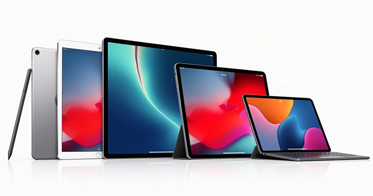 Quatro modelos de iPad alinhados mostrando diferentes tamanhos de tela e cores, em fundo branco 