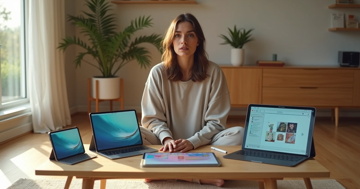 Mulher compara diferentes modelos de iPad em mesa moderna para estudo e trabalho 