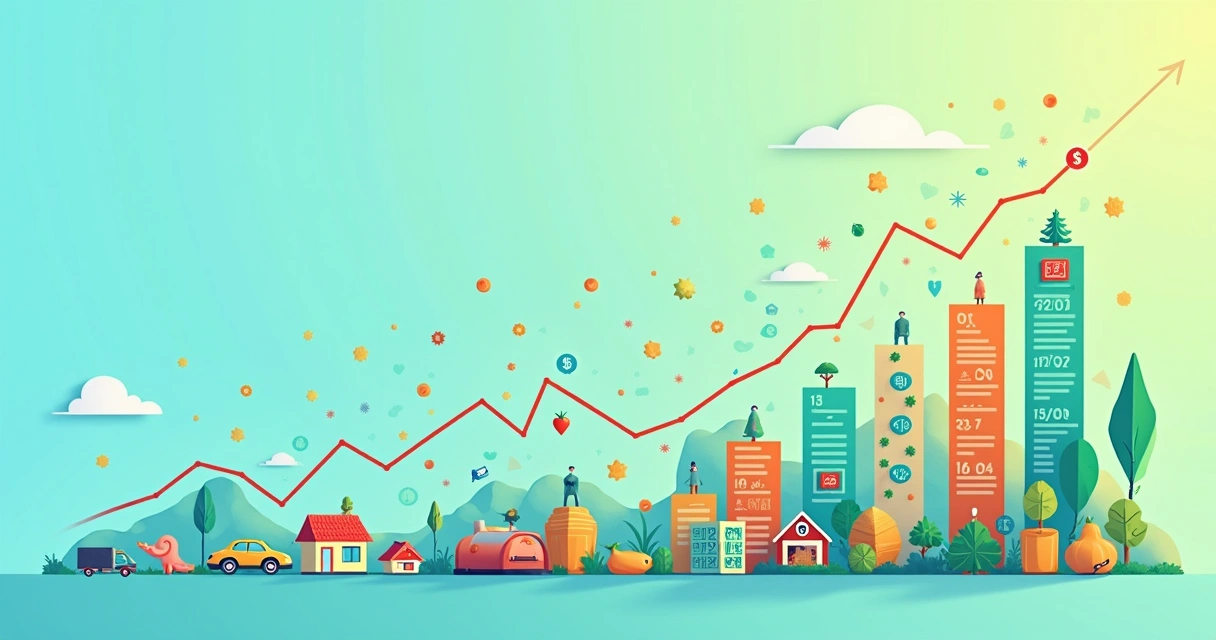 Gráfico que representa o IPCA com alimentos, habitação, transporte, saúde e educação ao redor, sobre fundo azul e verde.