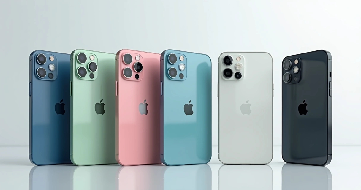 iPhone 16 em cinco cores diferentes alinhados em uma superfície branca 