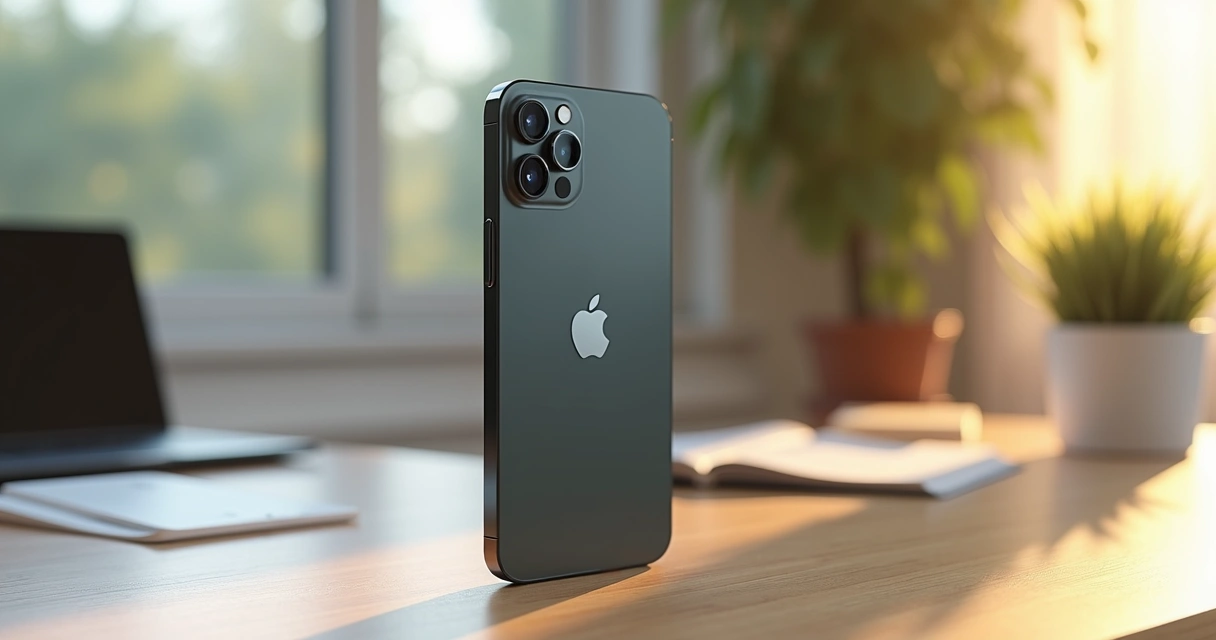 iPhone 16 apoiado em mesa minimalista exibindo tela acesa e traseira com duas câmeras verticais 