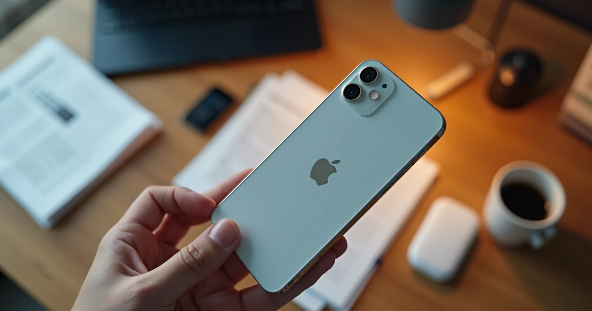 Pessoa segurando iPhone 16e próximo à mesa de trabalho 