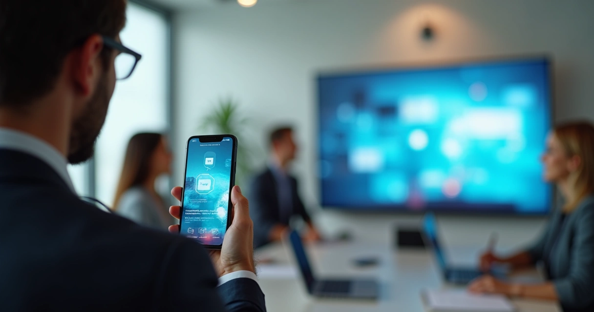 Pessoa usando recurso AirPlay do iPhone para projetar apresentação em tela grande