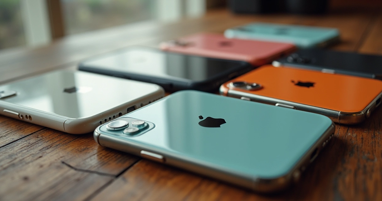 Diferentes modelos de iPhone antigo sobre uma mesa de madeira visto de cima. 