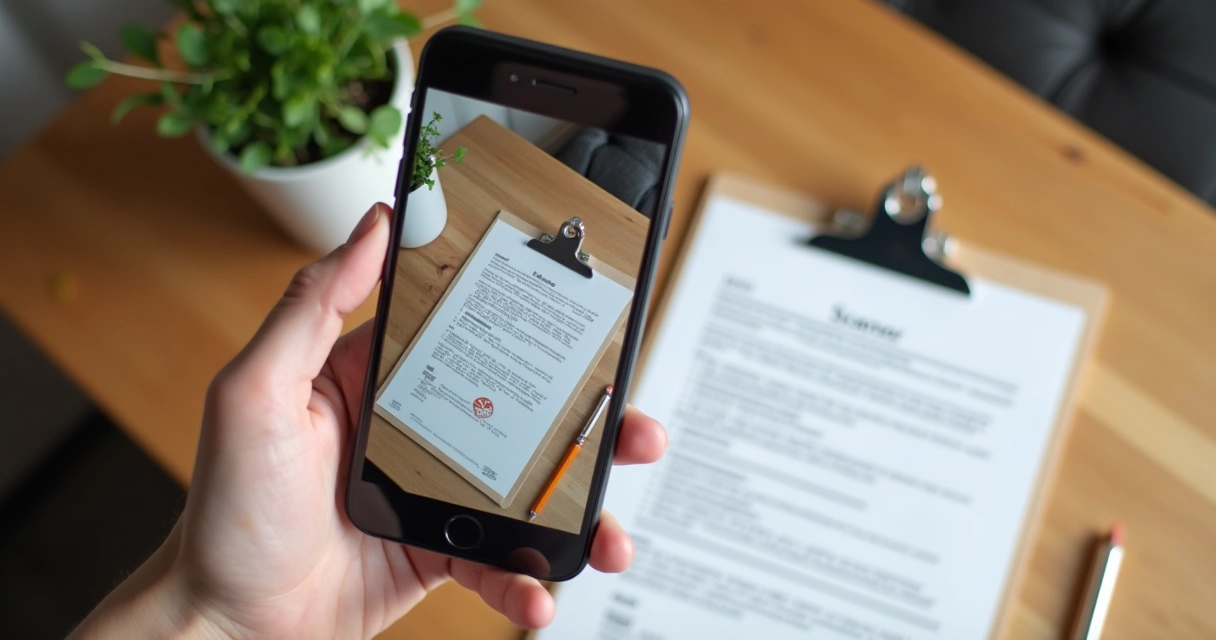 Mão segurando iPhone digitalizando uma folha de papel na mesa 
