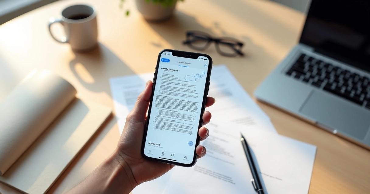iPhone escaneando documento em mesa de trabalho moderna 