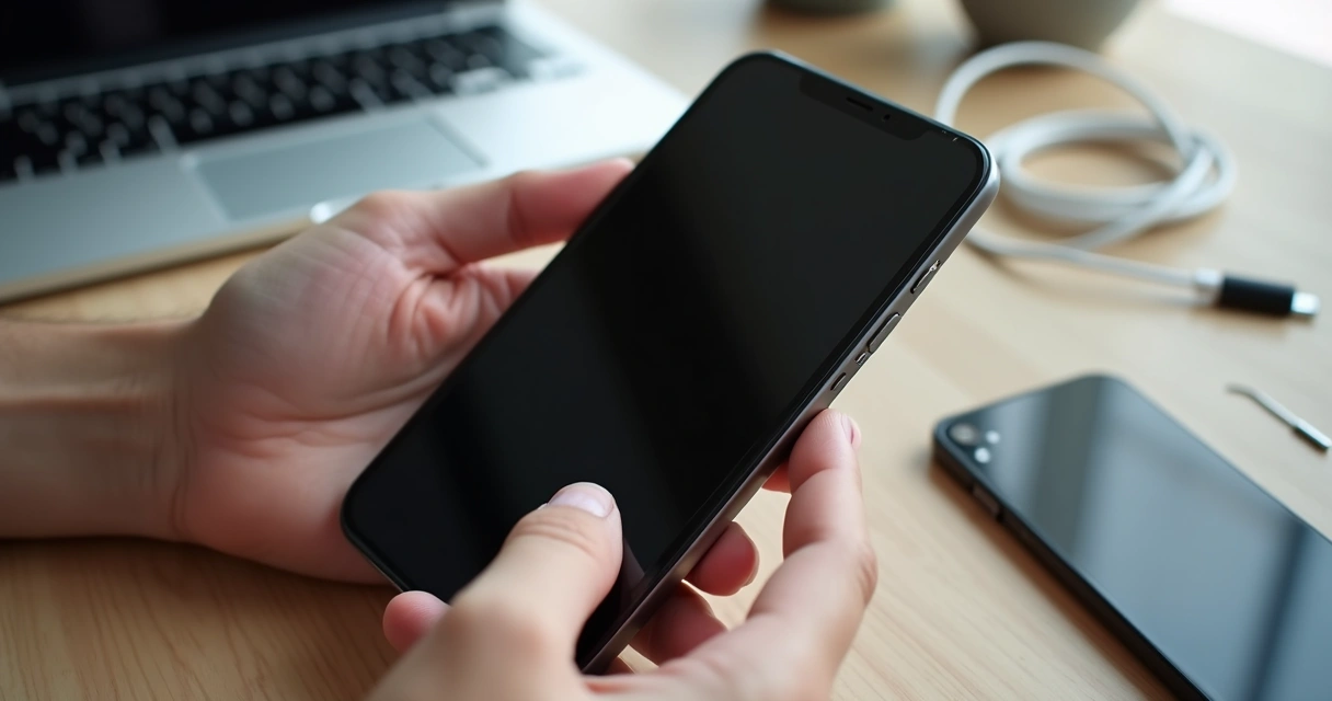 iPhone com tela preta na mão de usuário preocupado em mesa de madeira 