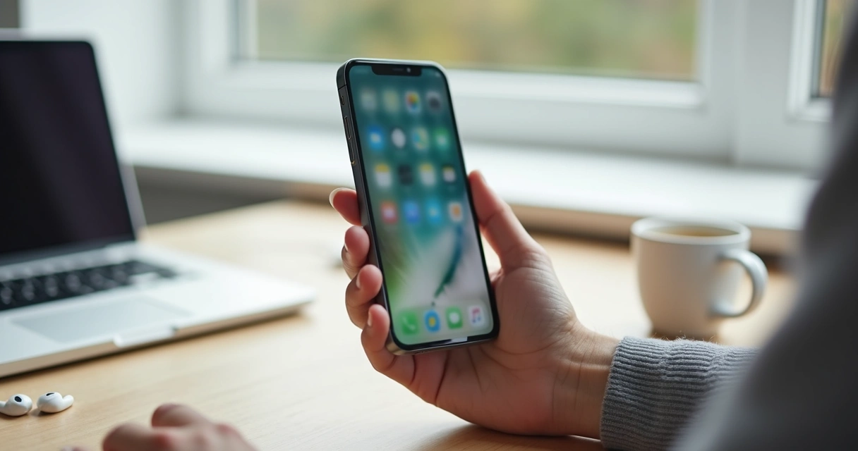 Pessoa segurando iPhone com tela travada e congelada na mão 