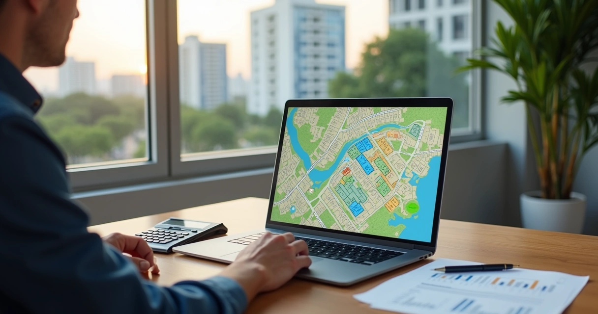 Proprietário analisando mapa urbano com imóveis destacados e gráficos de imposto 