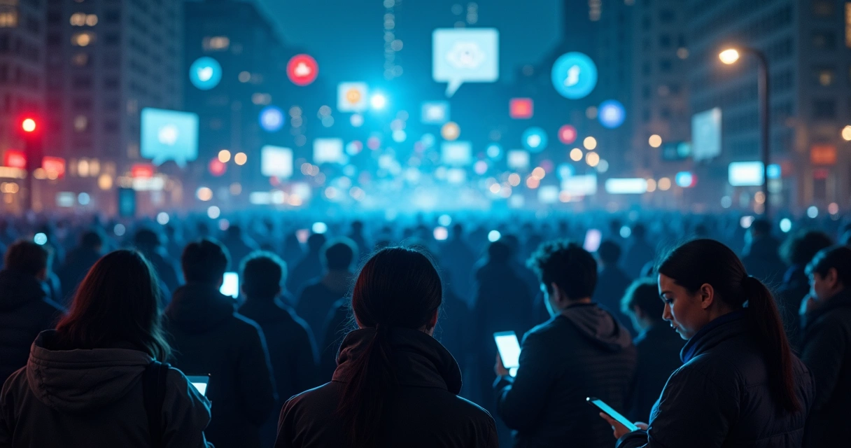 Multitud enfadada mirando sus móviles en una red social polarizada 