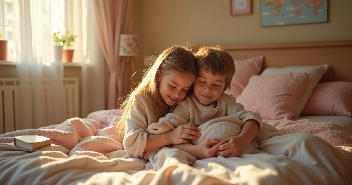 Irmãos se abraçam em um quarto acolhedor 