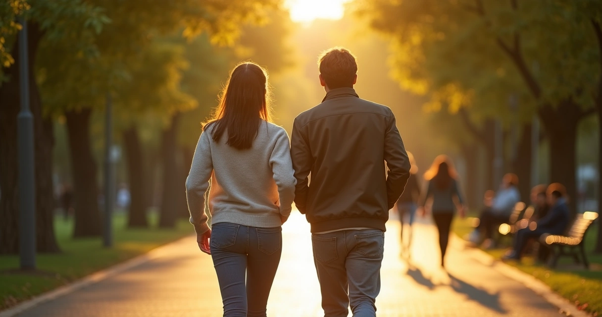 Dois irmãos adultos caminhando lado a lado em parque urbano 
