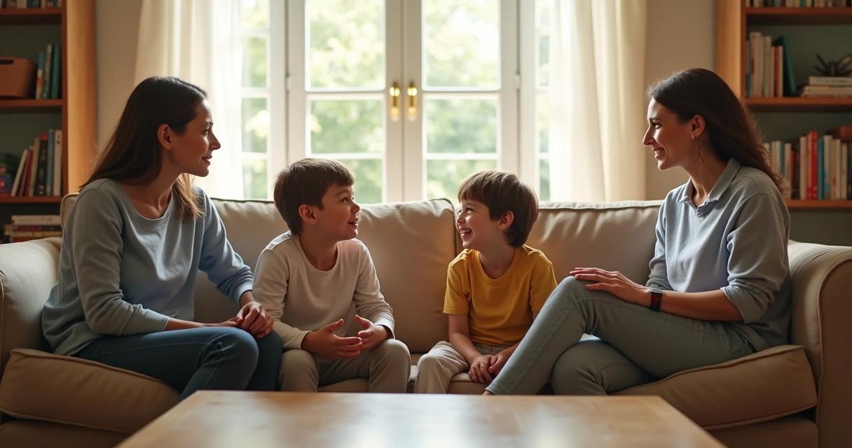Irmãos sentados no sofá com adultos mediando conversa