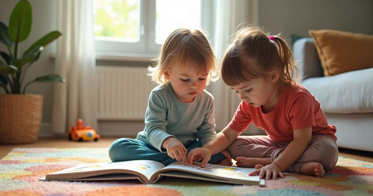 Duas crianças sentadas em tapete colorido lendo um livro juntos 