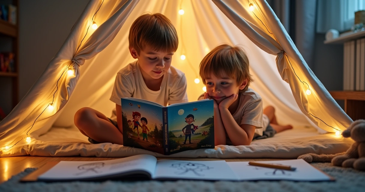 Dois irmãos em cabana de lençol lendo livro personalizado iluminado por luz suave 