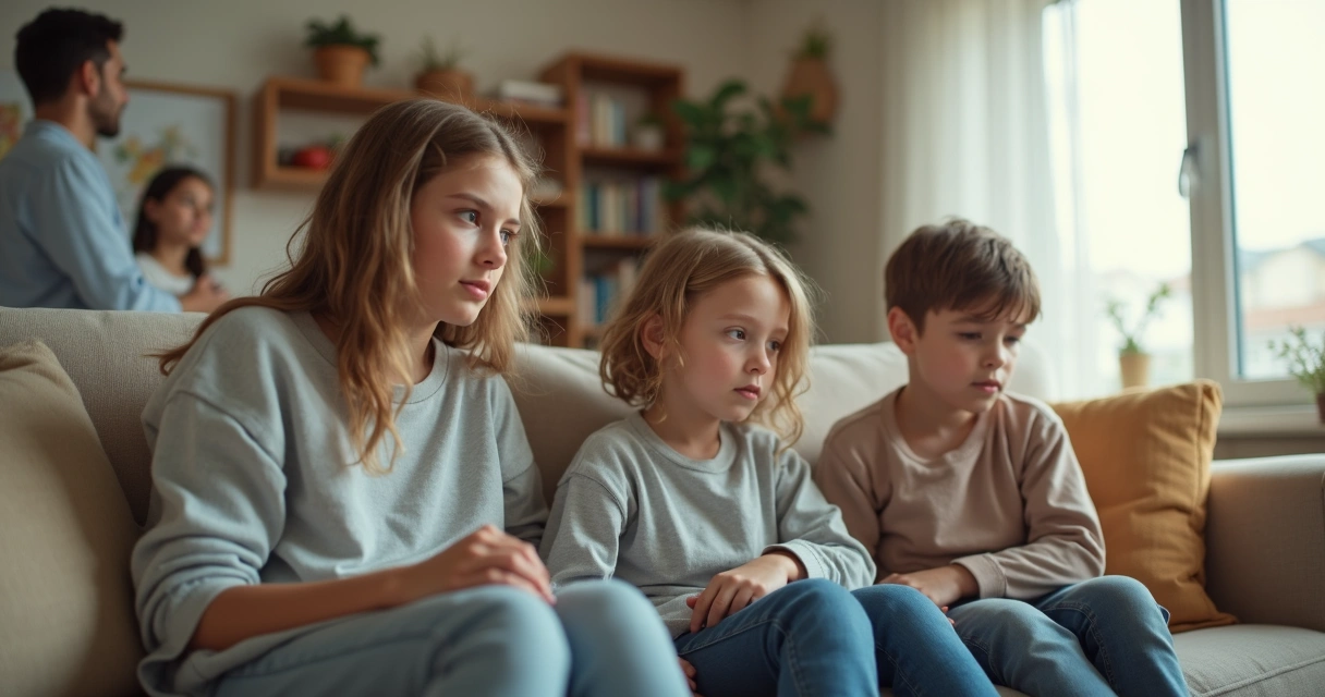 Três irmãos sentados no sofá com espaço emocional entre eles 